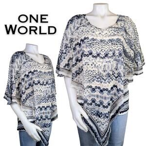 One World Top Blouse XL Gray Mixed Print Sheer Layered Scarf Flutter Sleeve